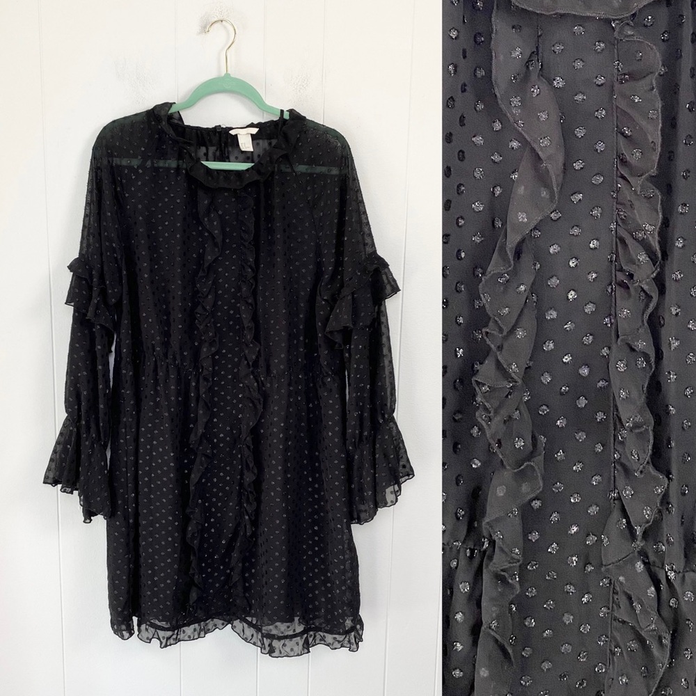 H&M Black Sheer Lined Swiss Dot Long Sleeve Ruffle High Neck Dress Size 14 LBD